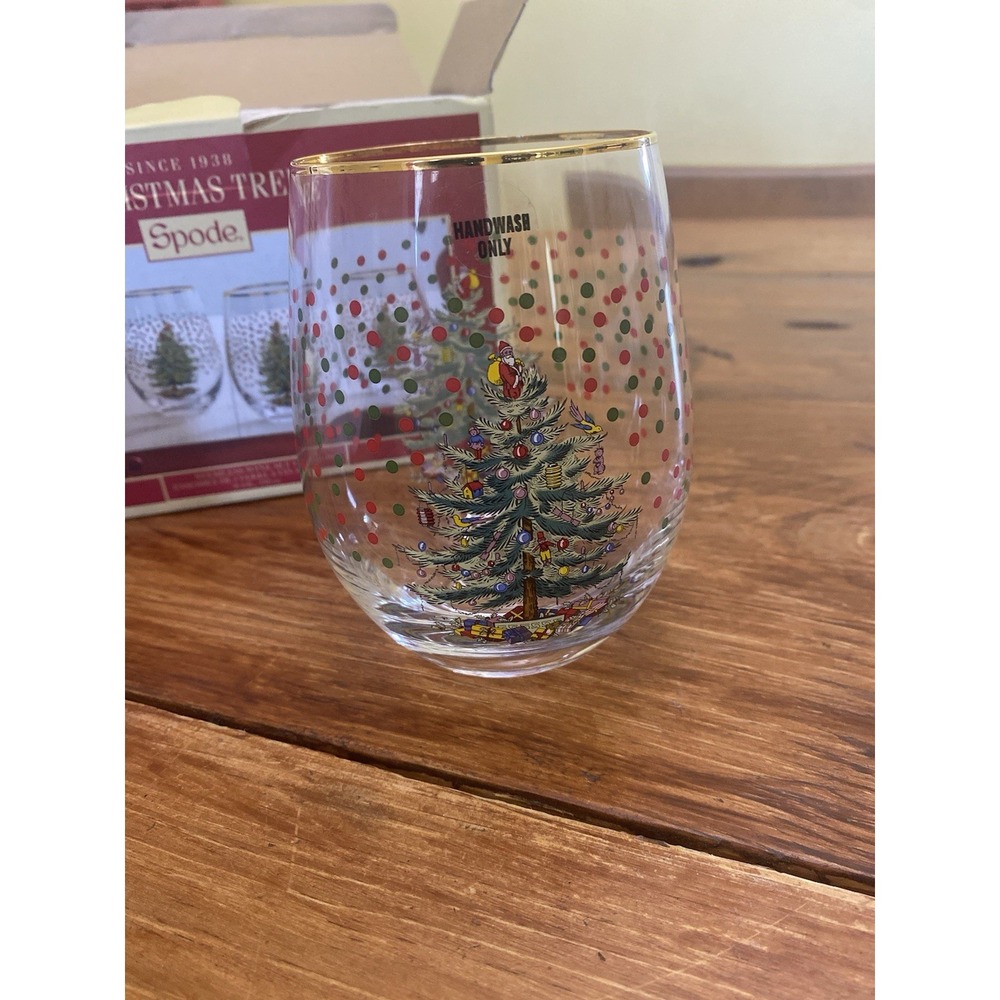 Spode Stemless Wine Glasses Set of 4 19oz Clear Christmas Tree Gold Rim Holiday - Picture 3 of 6